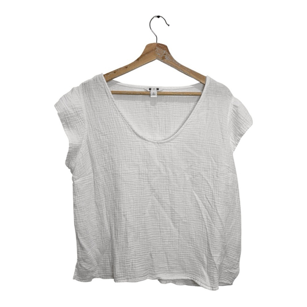 Three Dots Gauze Tee M White Textured Relaxed Boho Beach Casual $48 Retail